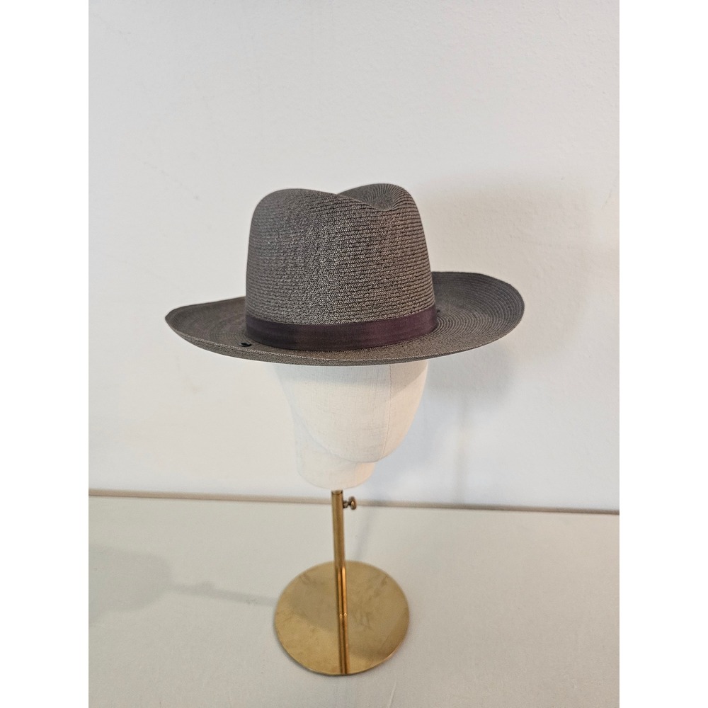 Woven‎ Straw Fedora Hat Charcoal Gray Brown Size 7 1/8 Pinched Crown Flat Brim